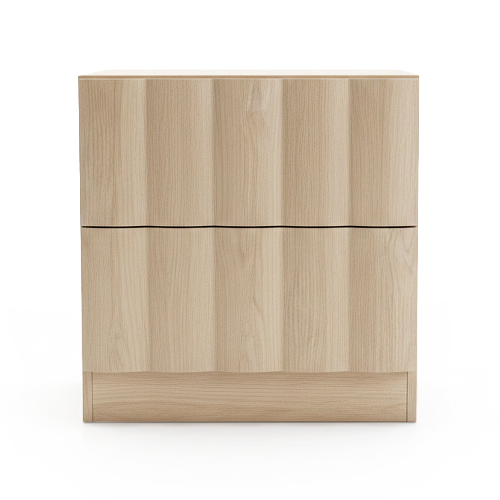 Light wood modern nightstand with two drawers on white background