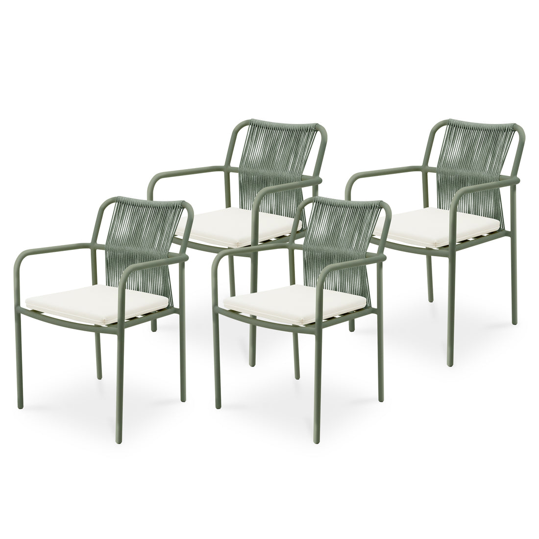 Evone Aluminium Rope Outdoor Dining Chair in Green, featuring a slim metal frame, woven backrest, and off-white cushions. Modern, lightweight design ideal for indoor/outdoor dining, combining style with durability. Set includes four chairs.