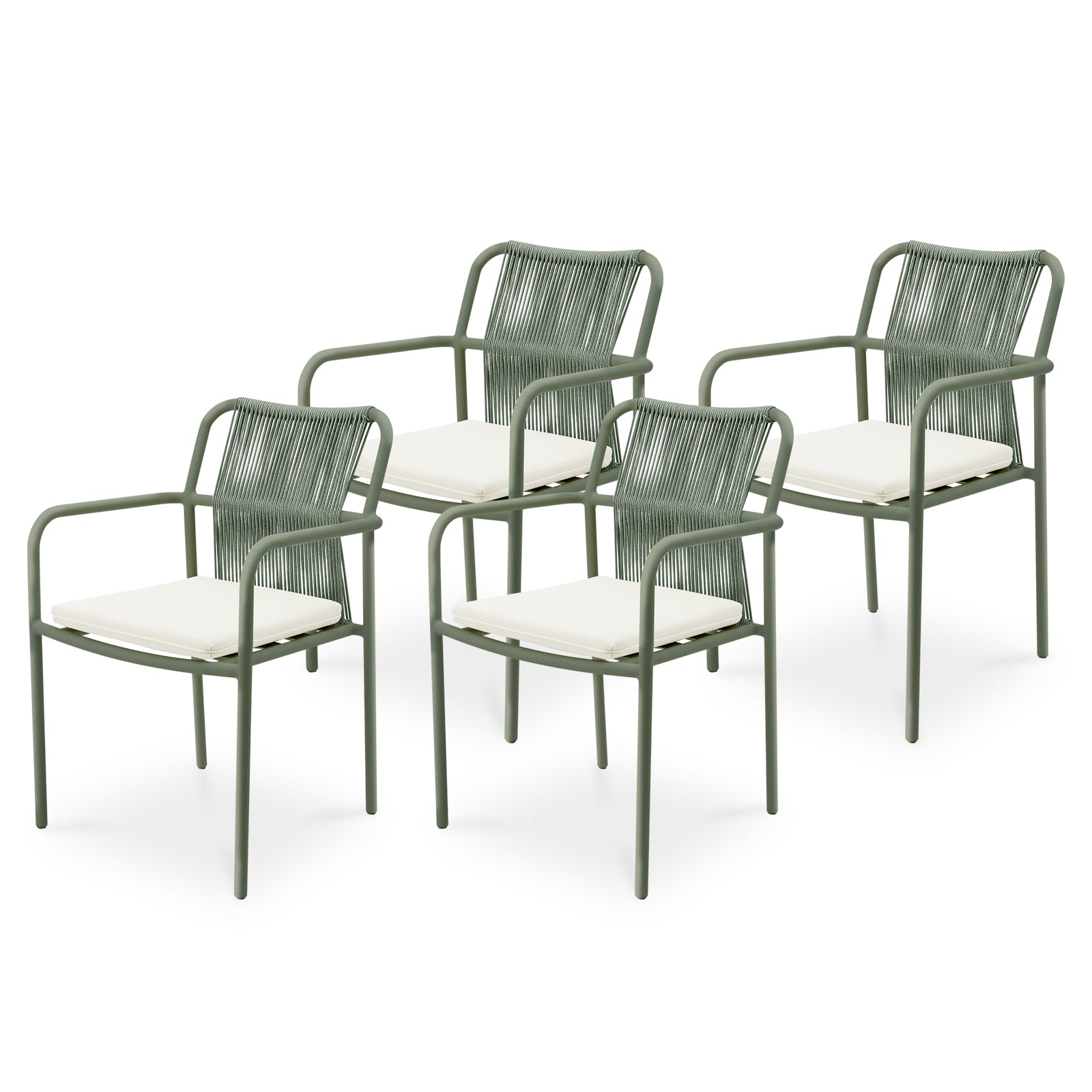 Evone Aluminium Rope Outdoor Dining Chair in Green, featuring a slim metal frame, woven backrest, and off-white cushions. Modern, lightweight design ideal for indoor/outdoor dining, combining style with durability. Set includes four chairs.