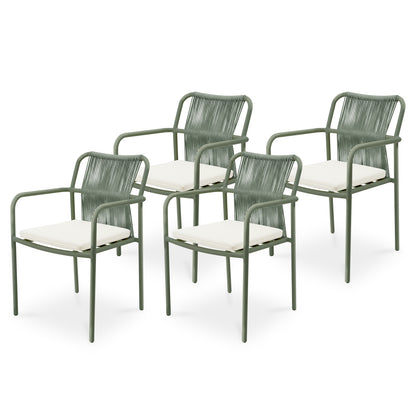 Evone Aluminium Rope Outdoor Dining Chair in Green, featuring a slim metal frame, woven backrest, and off-white cushions. Modern, lightweight design ideal for indoor/outdoor dining, combining style with durability. Set includes four chairs.