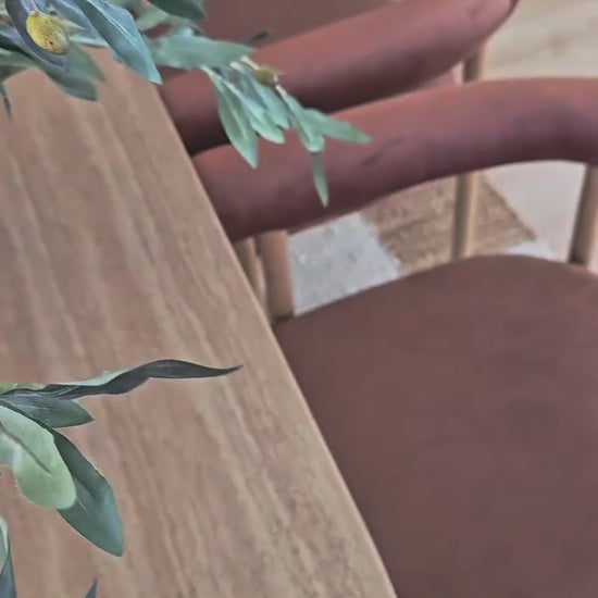 
A cinematic video showcasing a dining room. The camera pans from a close-up of a bowl of lemons on a textured table to reveal two modern dining chairs with unique, curved-back designs and rust-colored upholstery. The scene includes a large, light-colored vase filled with green branches and a patterned rug. The final shot is a close-up of gauzy, white curtains blowing softly in the breeze.