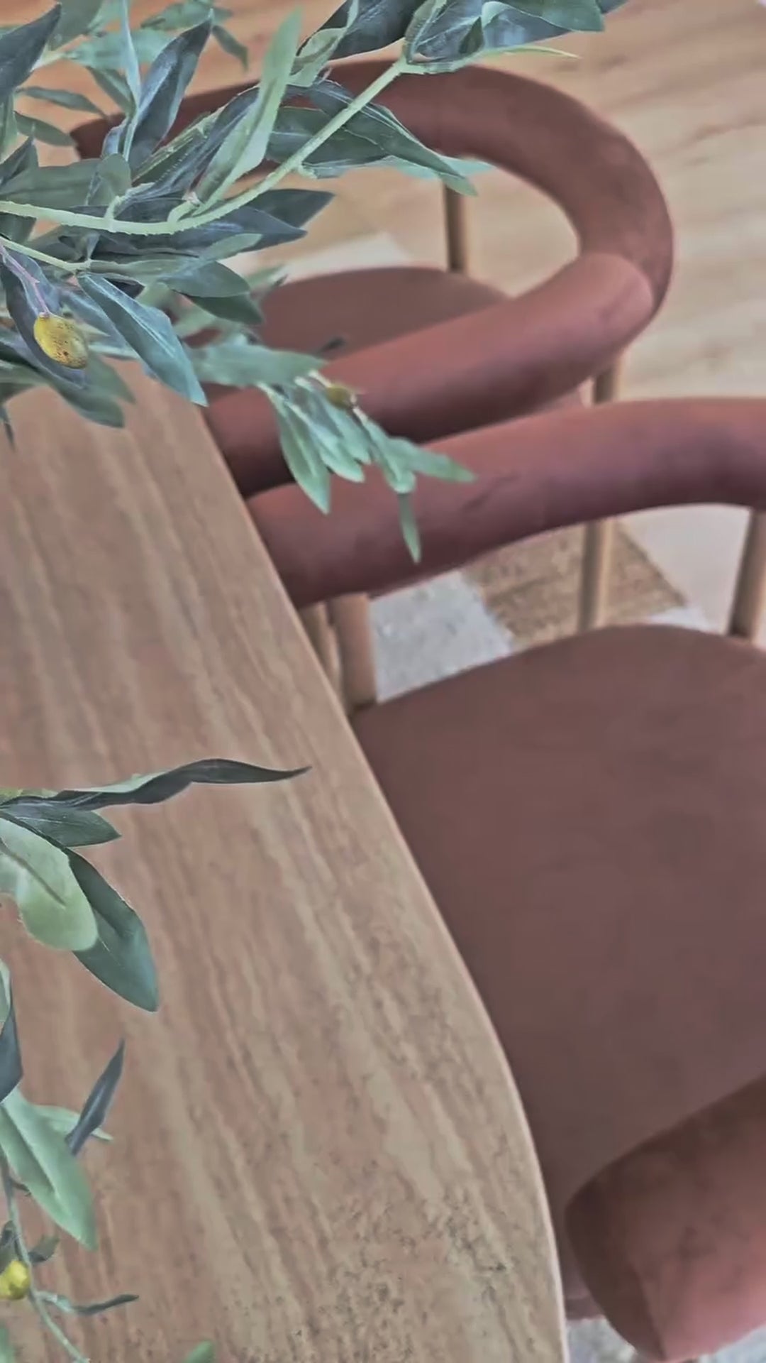 
A cinematic video showcasing a dining room. The camera pans from a close-up of a bowl of lemons on a textured table to reveal two modern dining chairs with unique, curved-back designs and rust-colored upholstery. The scene includes a large, light-colored vase filled with green branches and a patterned rug. The final shot is a close-up of gauzy, white curtains blowing softly in the breeze.
