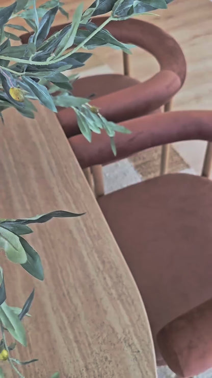 
A cinematic video showcasing a dining room. The camera pans from a close-up of a bowl of lemons on a textured table to reveal two modern dining chairs with unique, curved-back designs and rust-colored upholstery. The scene includes a large, light-colored vase filled with green branches and a patterned rug. The final shot is a close-up of gauzy, white curtains blowing softly in the breeze.