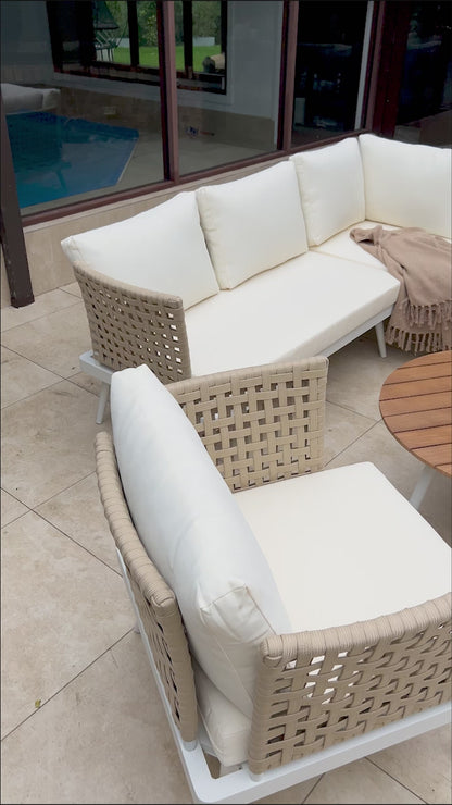 Breeza 5 Seater Teak Tabletop Outdoor Sofa Set in Cream White