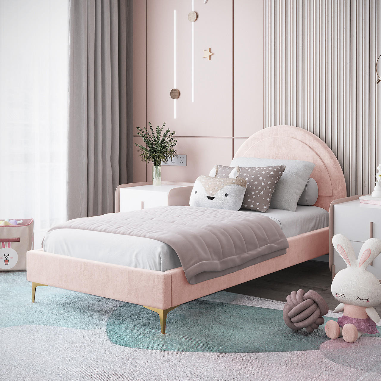 Camryn Single Velvet Kids Bed - Soft Pink