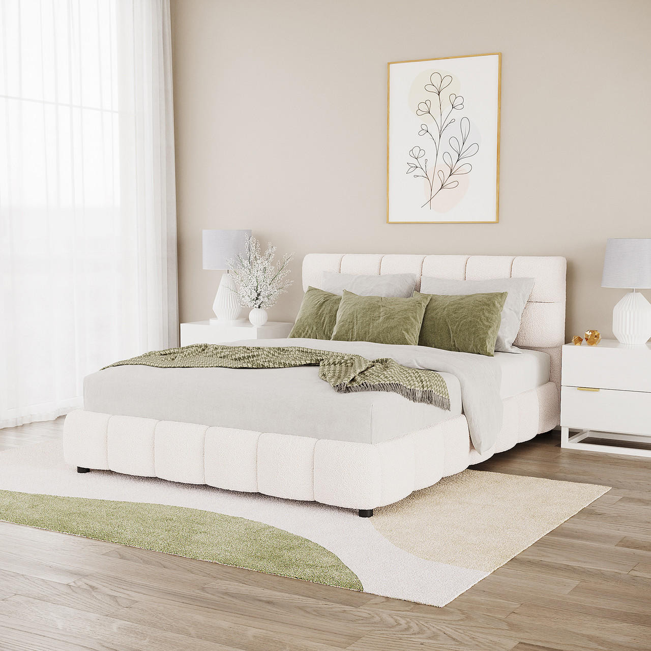 Nikias Queen Boucle Bed With Thalia Mattress - Cream White