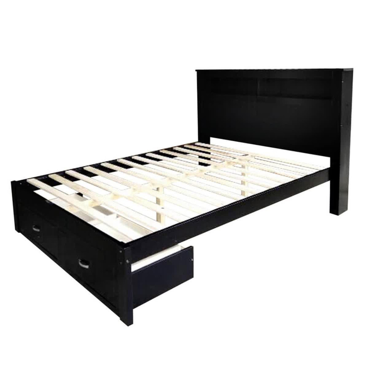 Porcia Timber Bed with Storage Shelves & Drawers - Black