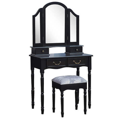 French Style Dressing Table 3 Mirrors & Stool Set - Black